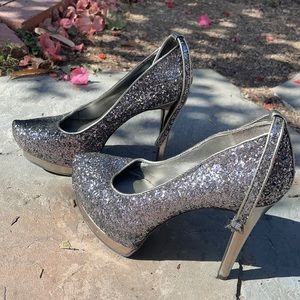 High dark silver sequin shoes with ankle belt which you can remove ! 3 in +